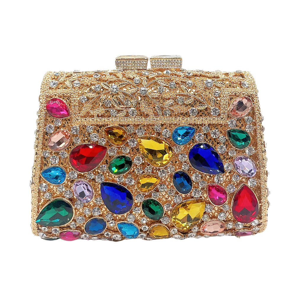 Gemma Fleur Rain Rhinestone Clutch in Gold White Color - WAAMII