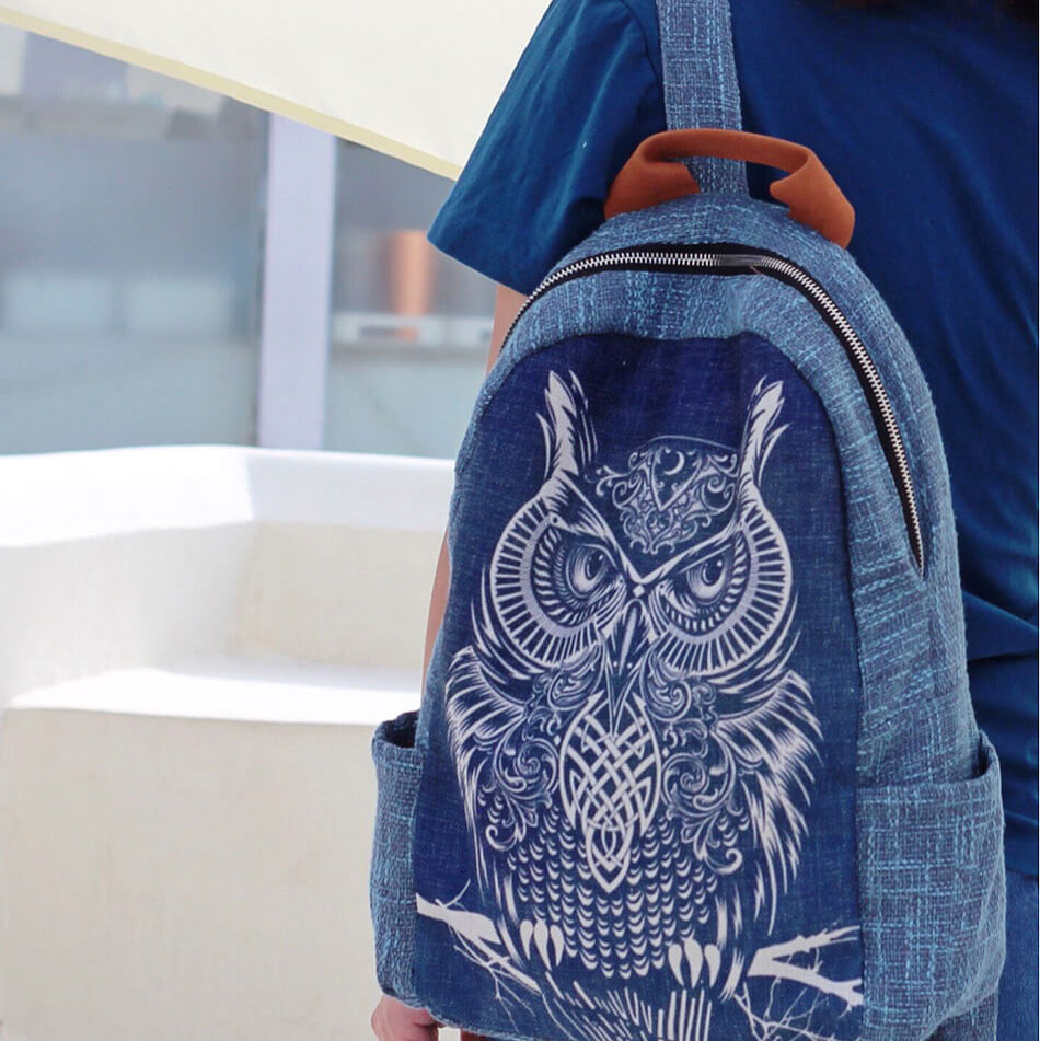 Owl Dyed and Embroidered Cotton Linen Backpack - 详情-03 view - WAAMII
