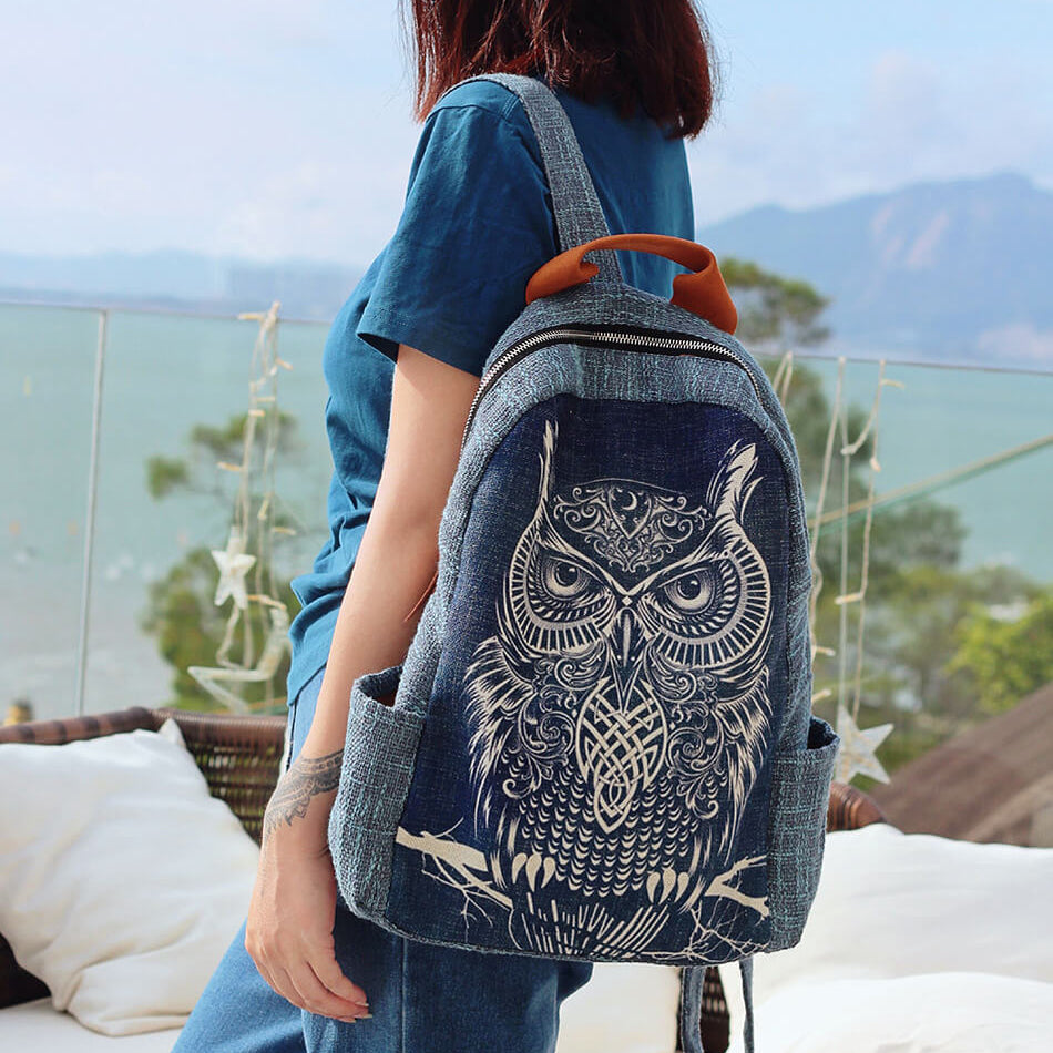 Owl Dyed and Embroidered Cotton Linen Backpack - 详情-02 view - WAAMII