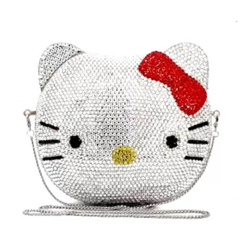 Crystal Kitty Cat Minaudiere -bright silver red bowknot - animal shaped clutch