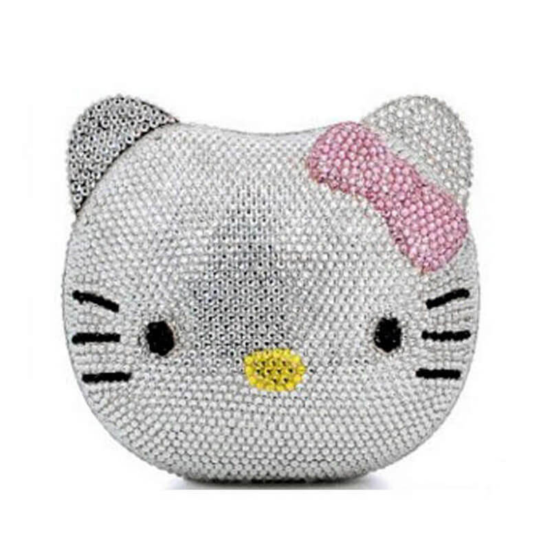 Crystal Kitty Cat Minaudiere - Silver-Pink Bowknot - Luxury bags by WAAMII