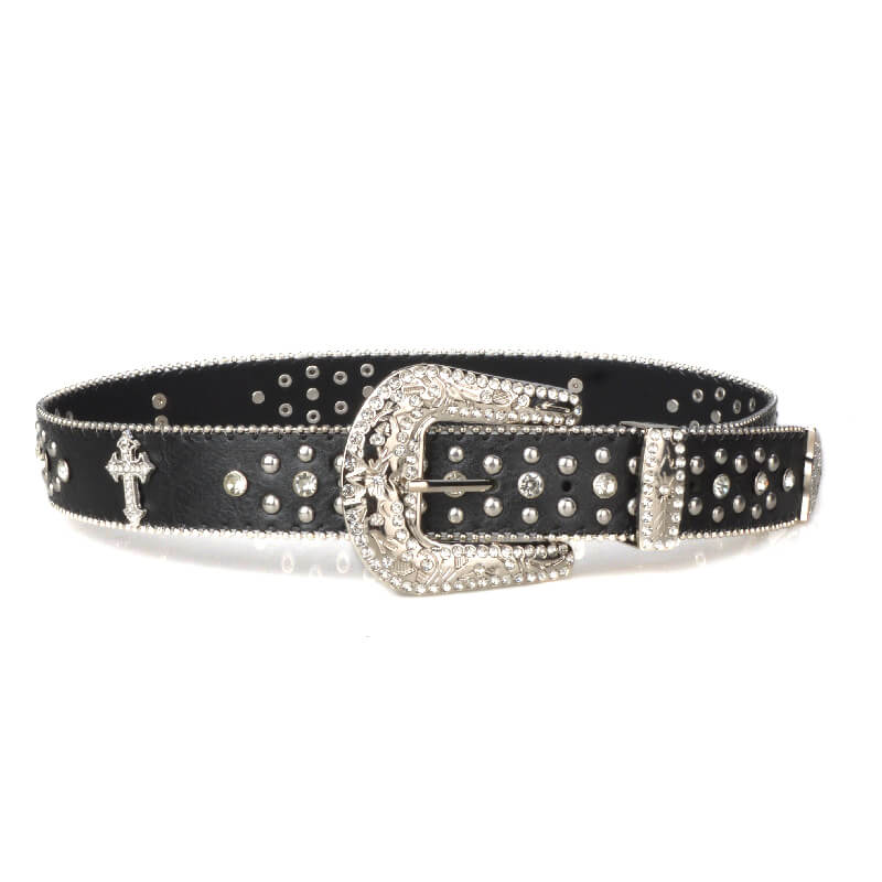 GothGlow Crystal Cross Leather Belt-Black - 详情-07 view - WAAMII