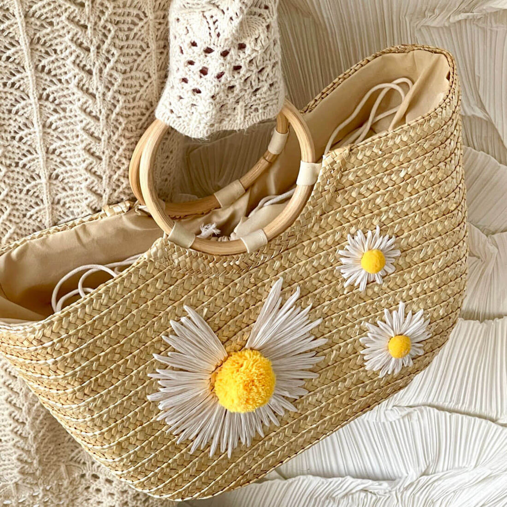 Stella Ring Handle Woven Straw Daisy Clutch - - Luxury bags by WAAMII