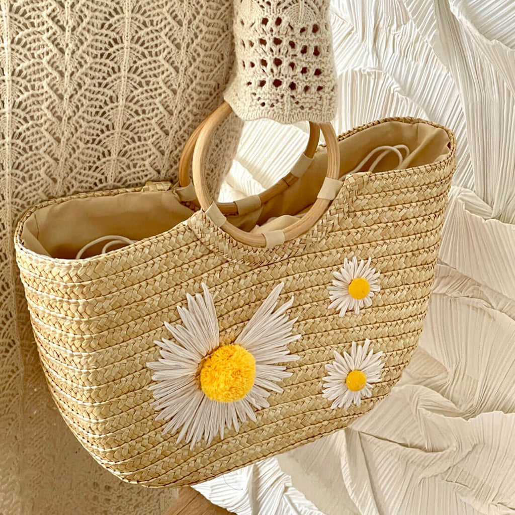 Stella Ring Handle Woven Straw Daisy Clutch - - Luxury bags by WAAMII