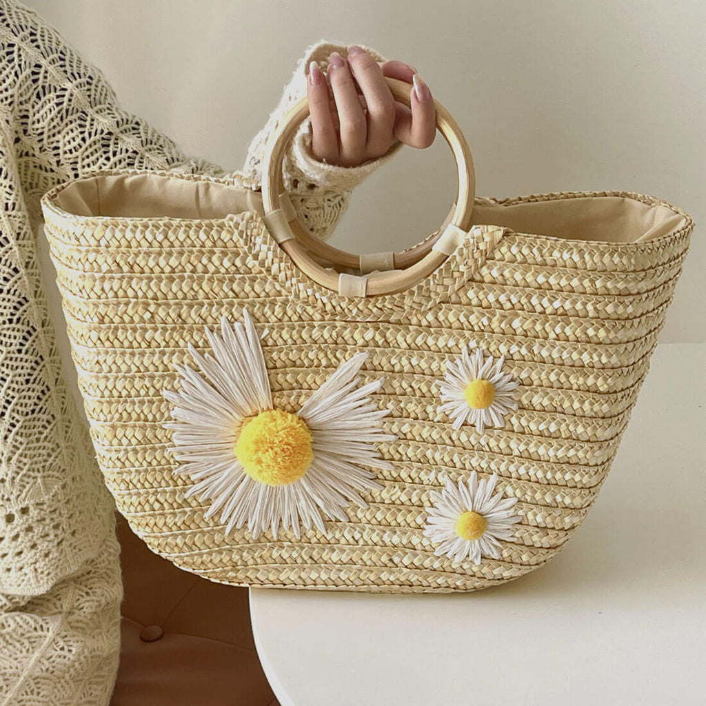 Stella Ring Handle Woven Straw Daisy Clutch - daisy pattern - Luxury bags by WAAMII