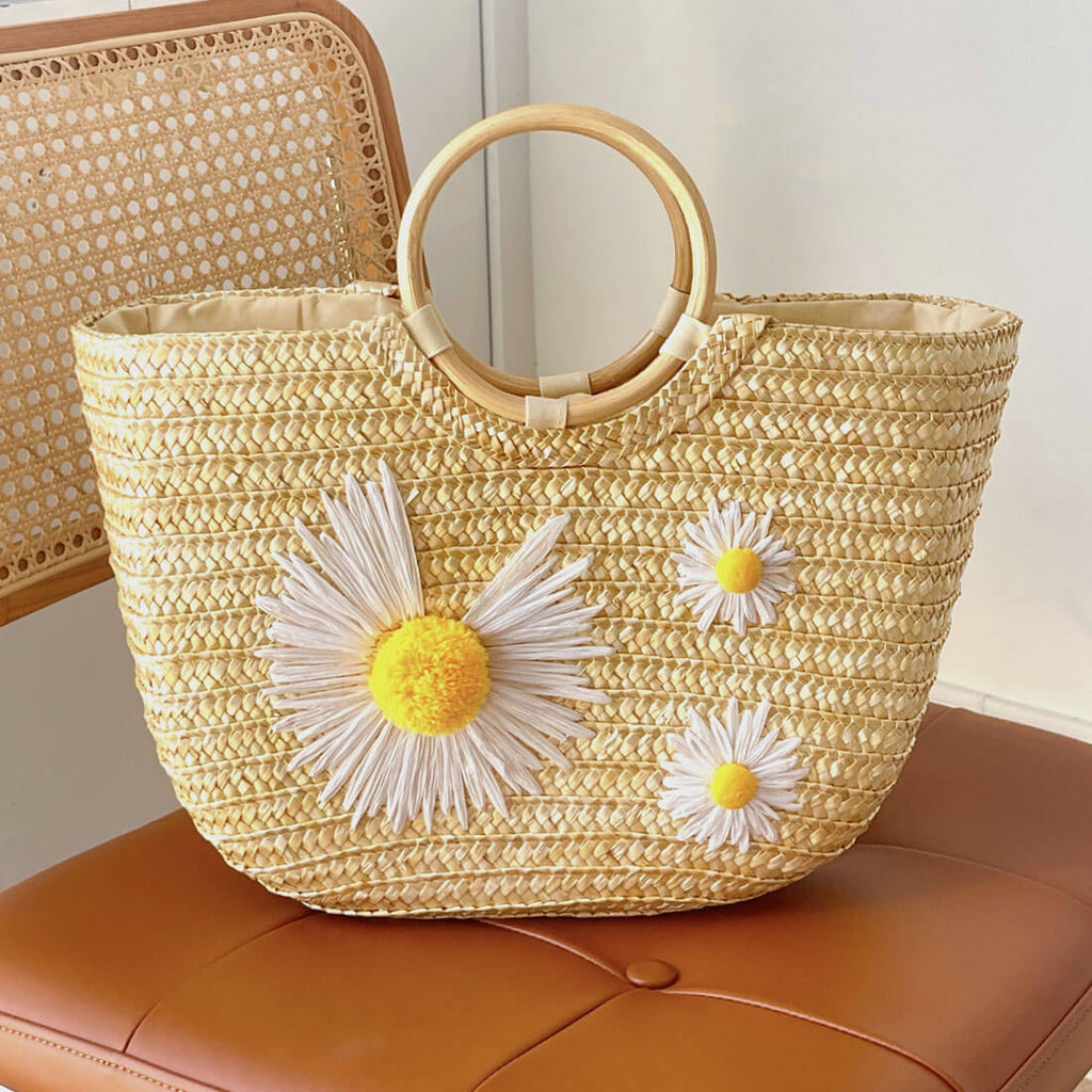 Stella Ring Handle Woven Straw Daisy Clutch - - Luxury bags by WAAMII