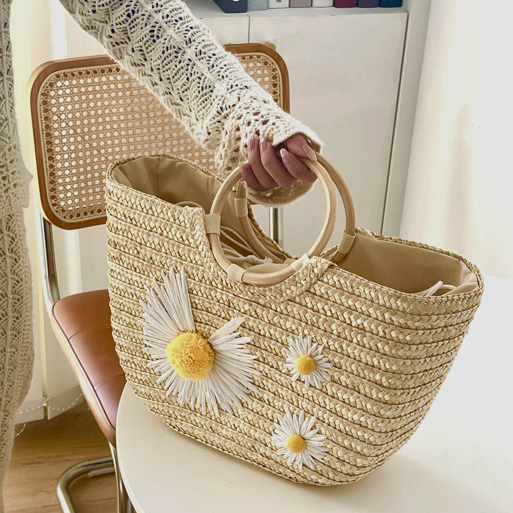 Stella Ring Handle Woven Straw Daisy Clutch - - Luxury bags by WAAMII