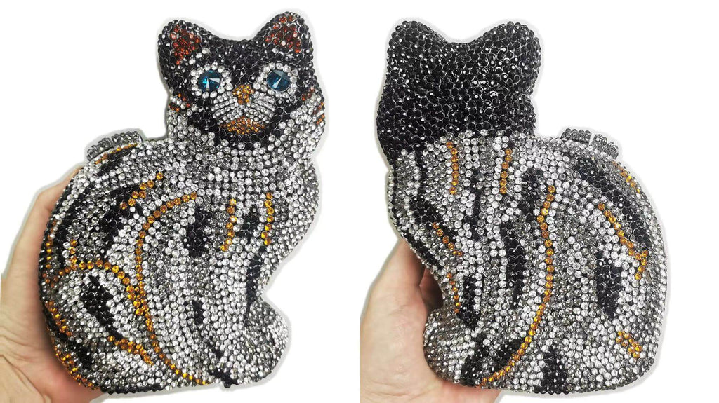 Sparkle Meow Kitty Rhinestone Clutch Purse in Silver - WAAMII