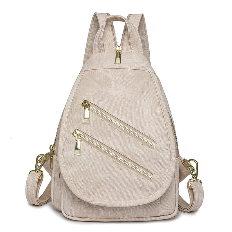 Mini Leather Backpack Multi-Pocket Chest Bag for Women in Beige - WAAMII