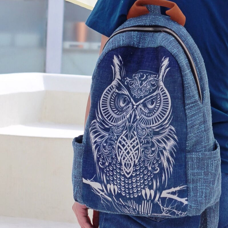 Owl Dyed and Embroidered Cotton Linen Backpack - Front view (4) - WAAMII