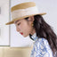 Flat crown boater hat with pink ribbon – side view