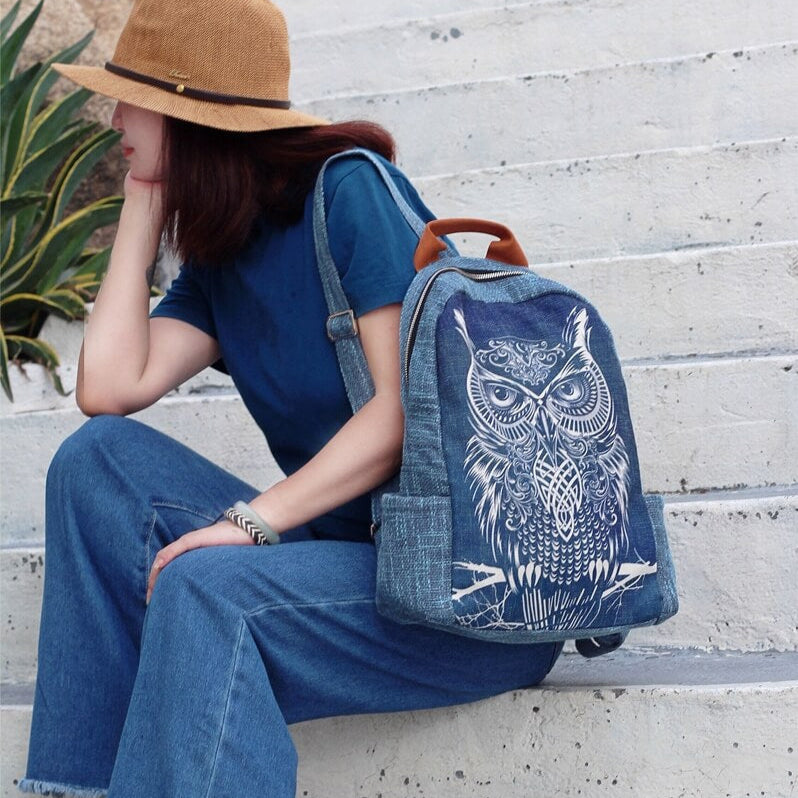 Owl Dyed and Embroidered Cotton Linen Backpack - Back view (5) - WAAMII
