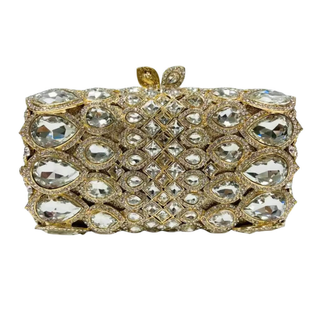 Rainora Droplets Rhinestone Clutch in Gold with White Diamonds - WAAMII