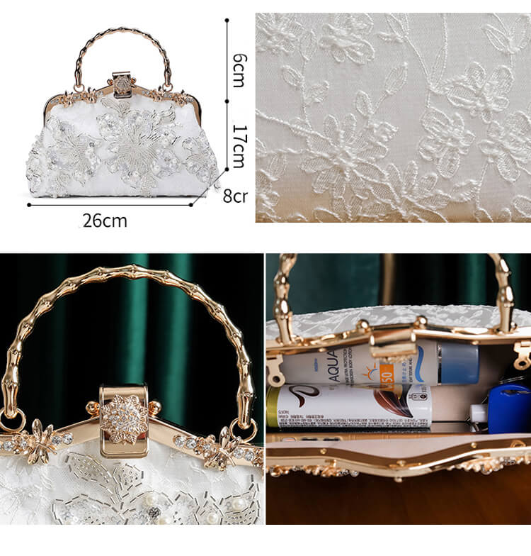 Pearl White Handcrafted Beaded Satin Clip Clutch