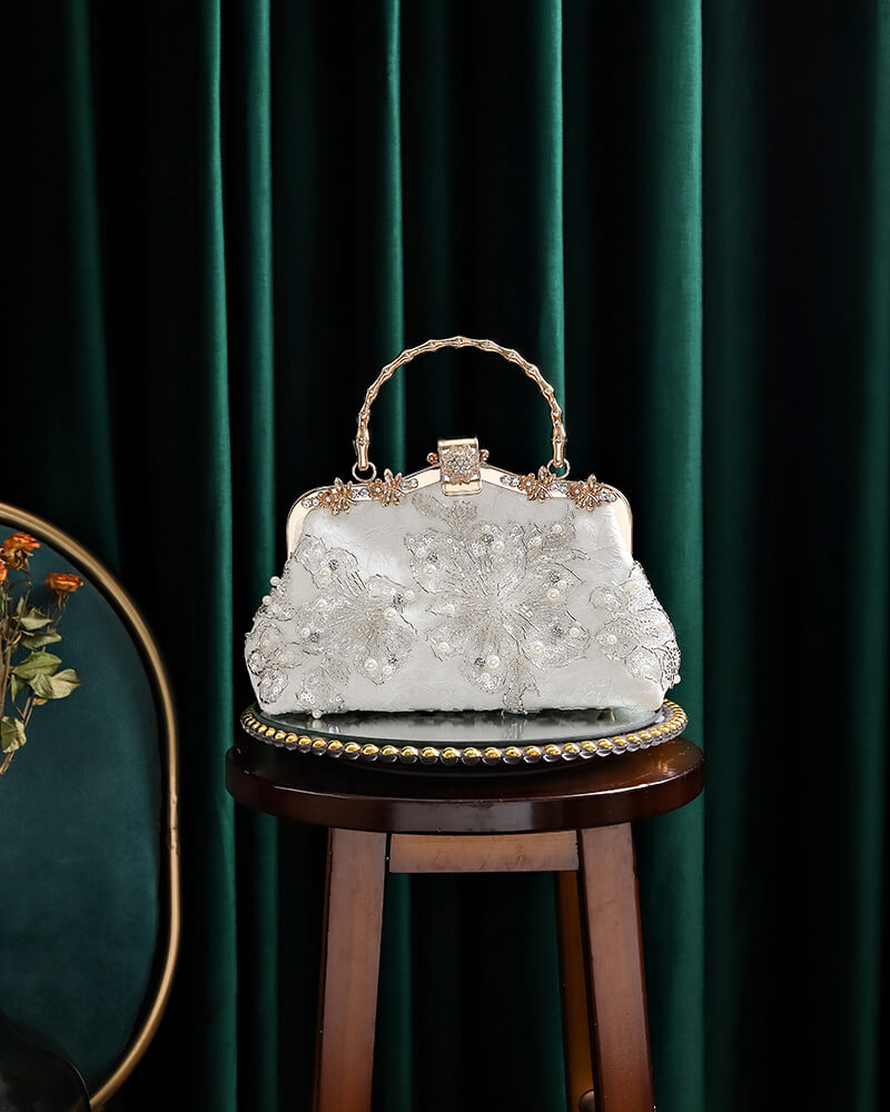 Pearl White Handcrafted Beaded Satin Clip Clutch