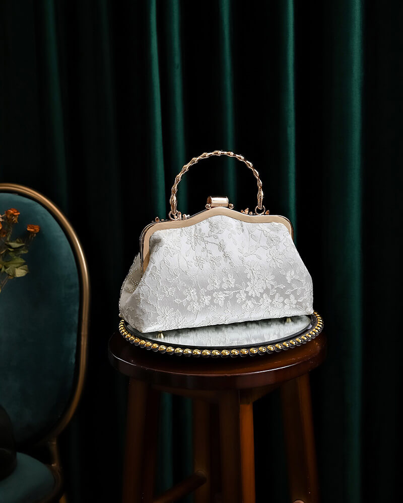 Pearl White Handcrafted Beaded Satin Clip Clutch