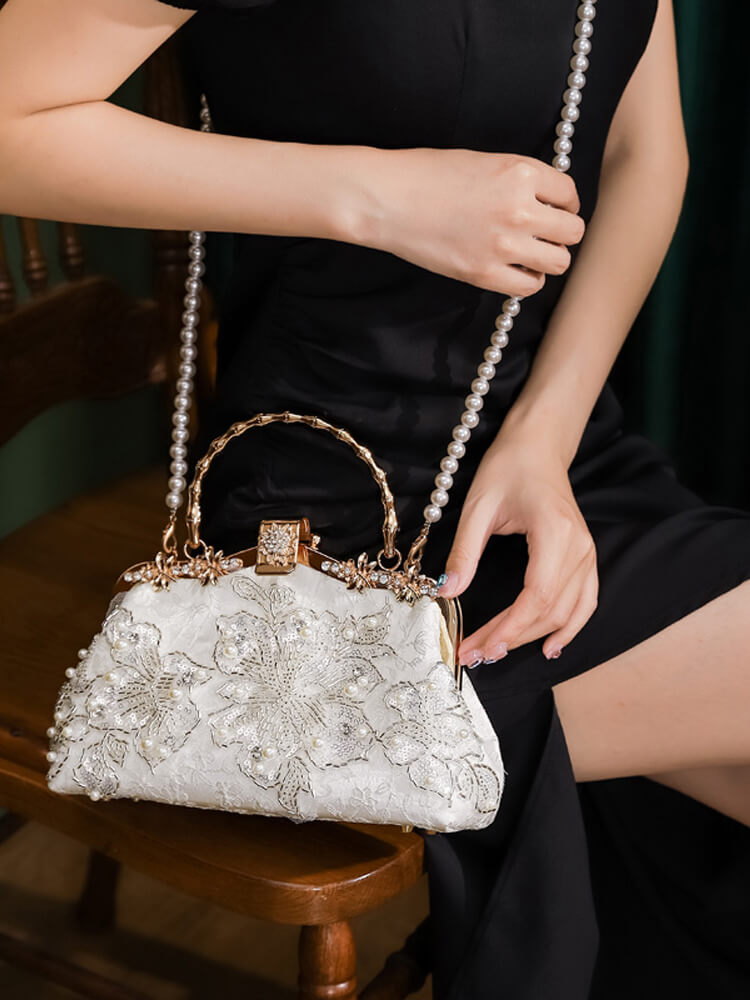 Pearl White Handcrafted Beaded Satin Clip Clutch