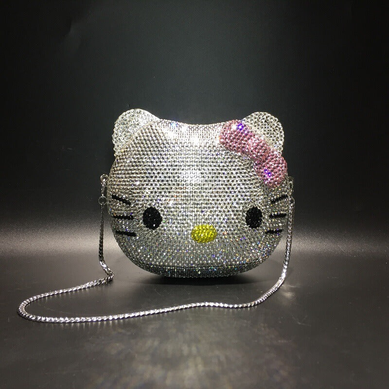 Crystal Kitty Cat Minaudiere -small rhinestones pink bowknot animal shaped purse
