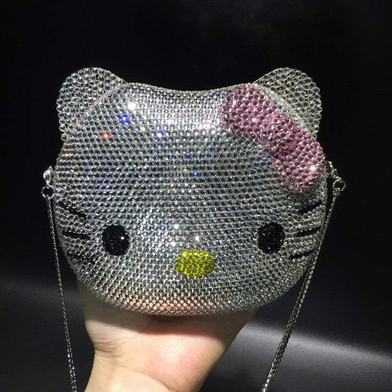 Handhold of Crystal Kitty Cat Minaudiere - Silver Pinkbow- Luxury bags by WAAMII
