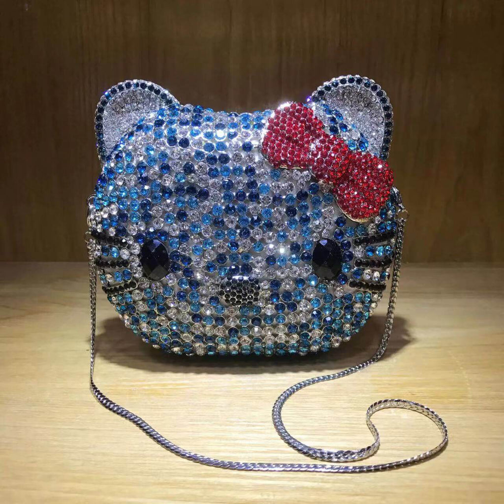 Crystal Kitty Cat Minaudiere -Blue With Silver Chain- Luxury Animal Shaped Bag by WAAMII