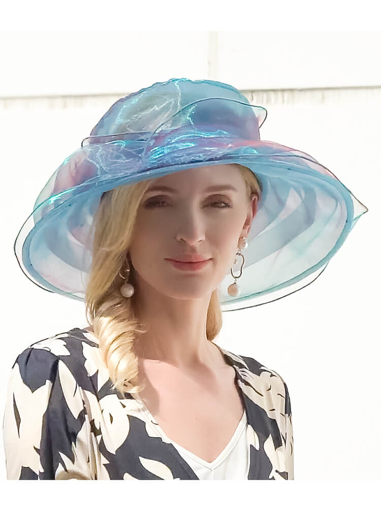 Model Front View Wearing Gradient Blue Ruched Wide Brim Hat