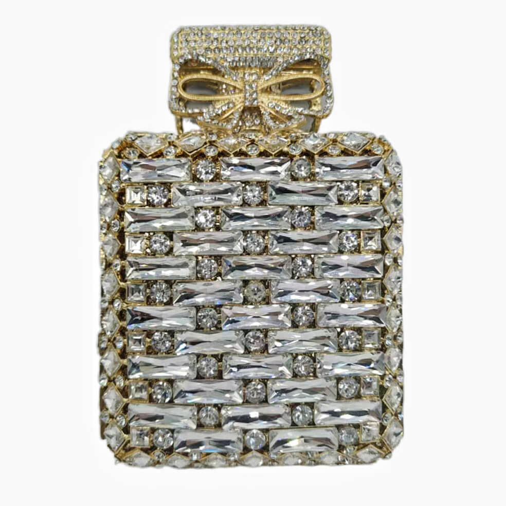 Perfume Bottle Shaped Rhinestone Clutch - Gold White - Luxury bags by WAAMII