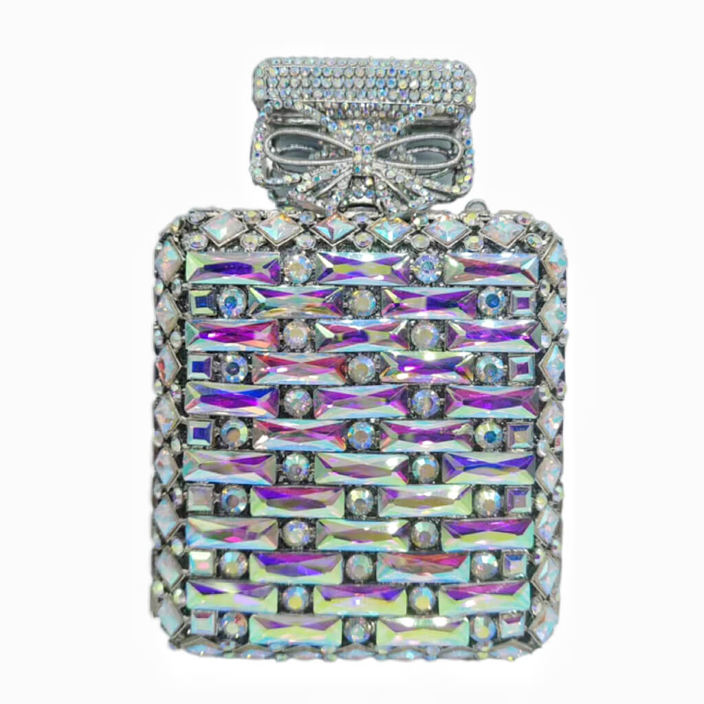 Perfume Bottle Shaped Rhinestone Clutch - Silver AB - Luxury bags by WAAMII