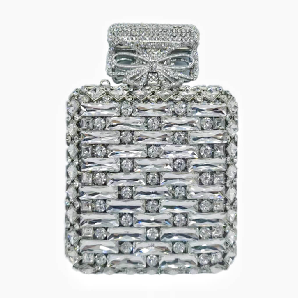 Perfume Bottle Shaped Rhinestone Clutch - Silver - Luxury bags by WAAMII