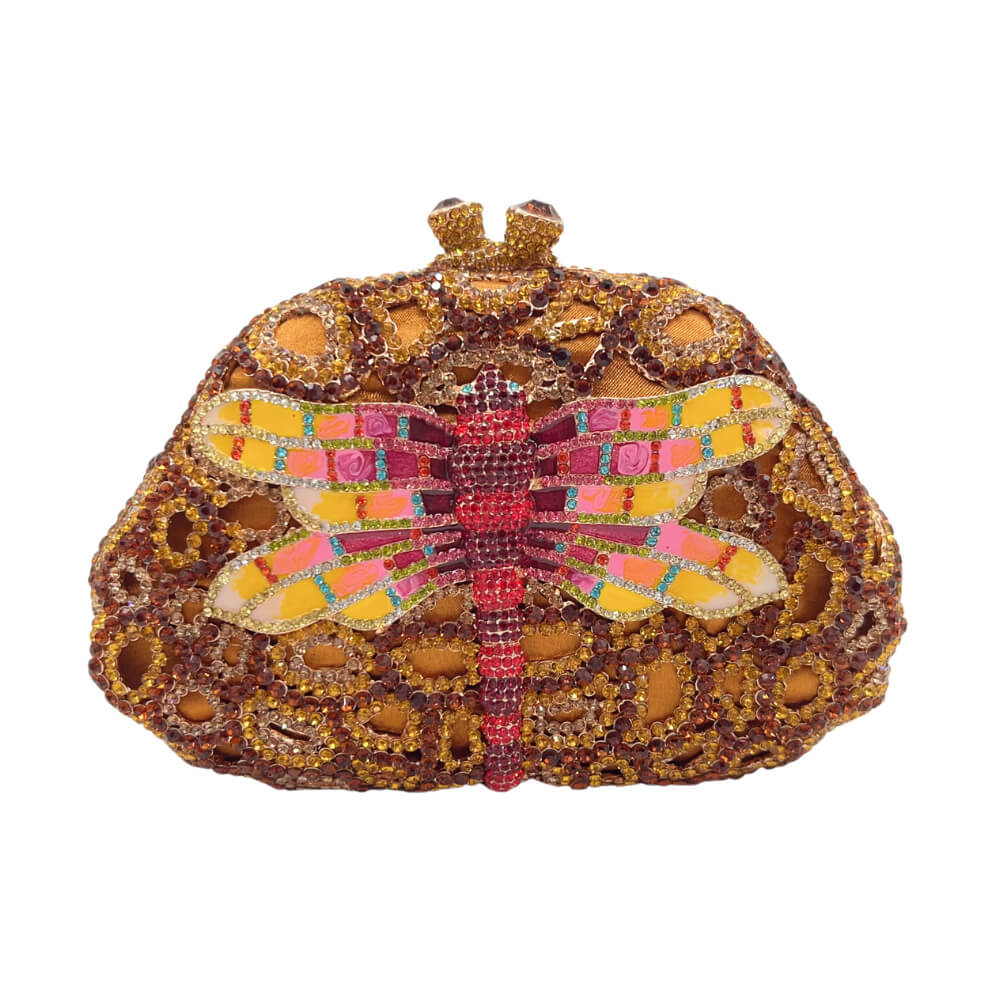 Sparkling Dragonfly Rhinestone Minaudière - Gold coffee - WAAMII