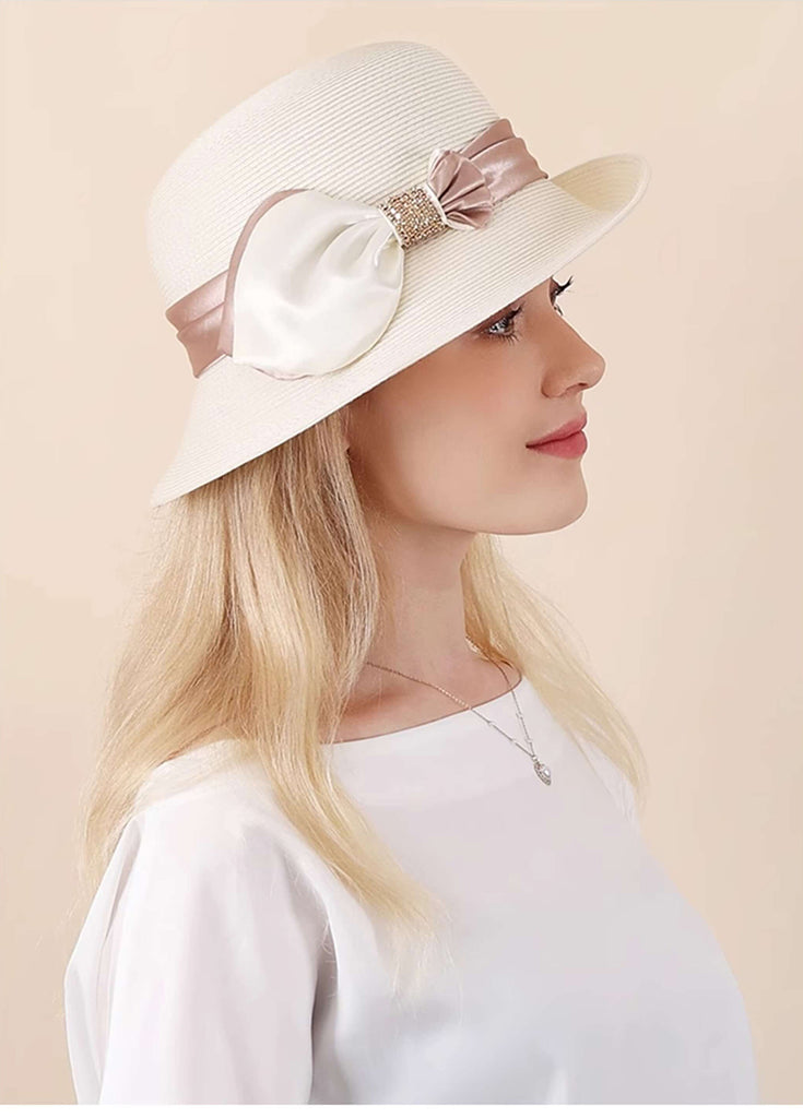 Women's Straw Hat with Foldable Brim and Double Ribbon Bow