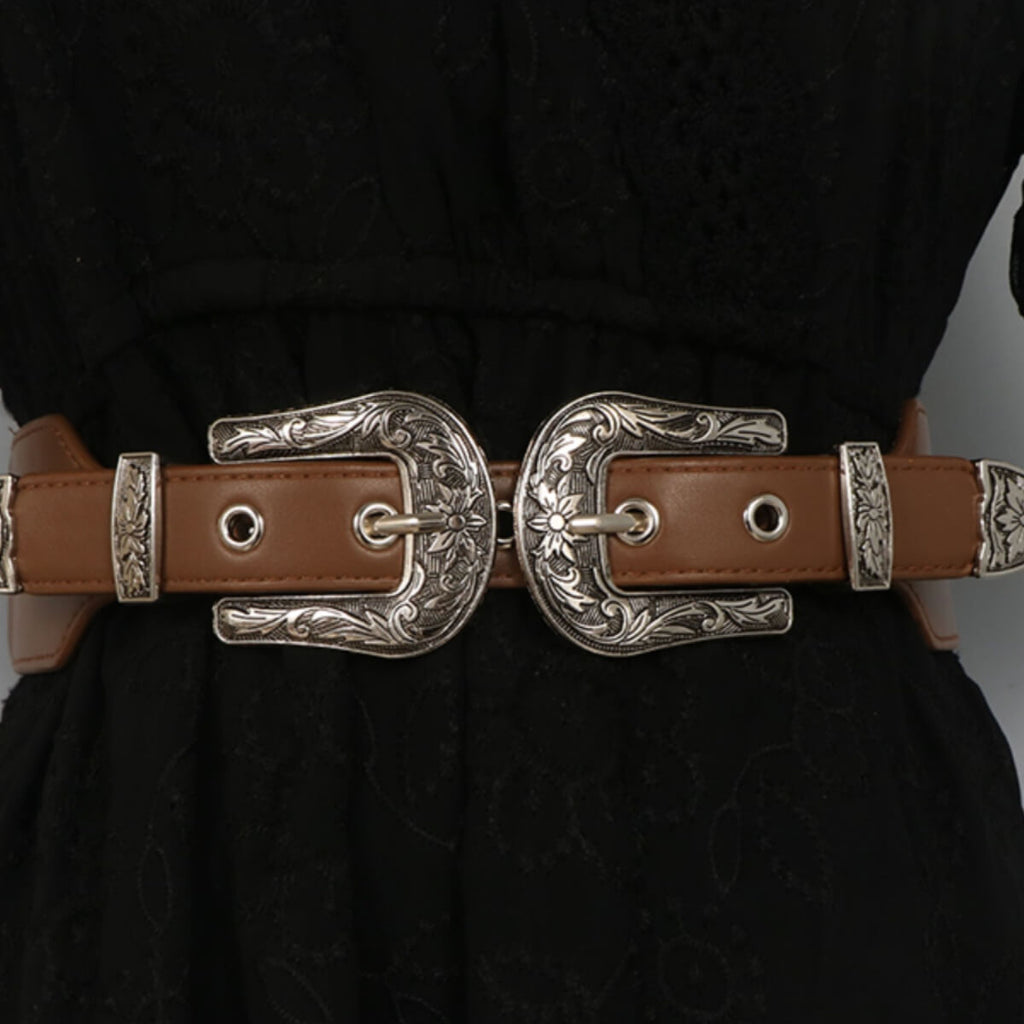 Wide Waist Belt with Vintage Engraved Buckles
