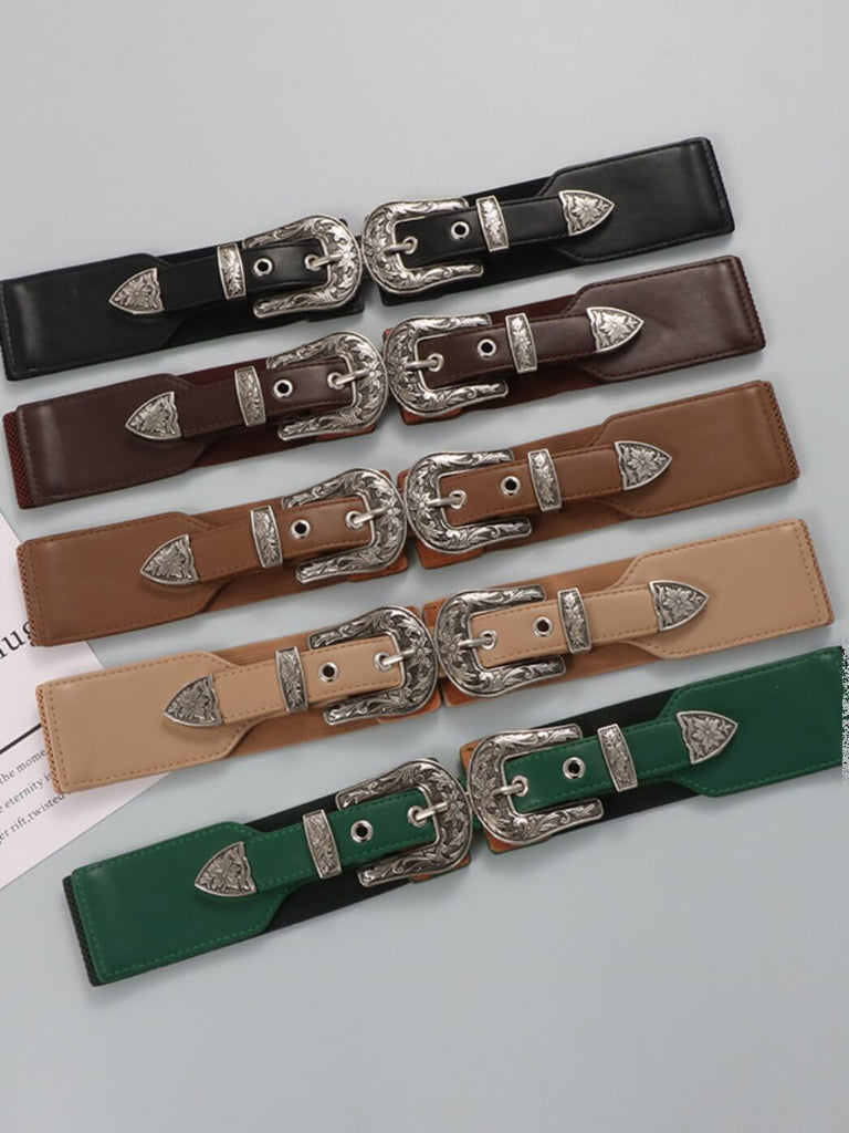 Wide Waist Belt with Vintage Engraved Buckles