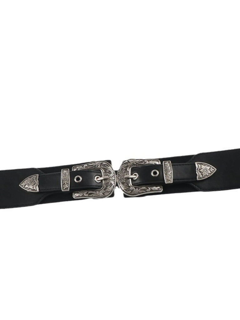 Wide Waist Belt with Vintage Engraved Buckles