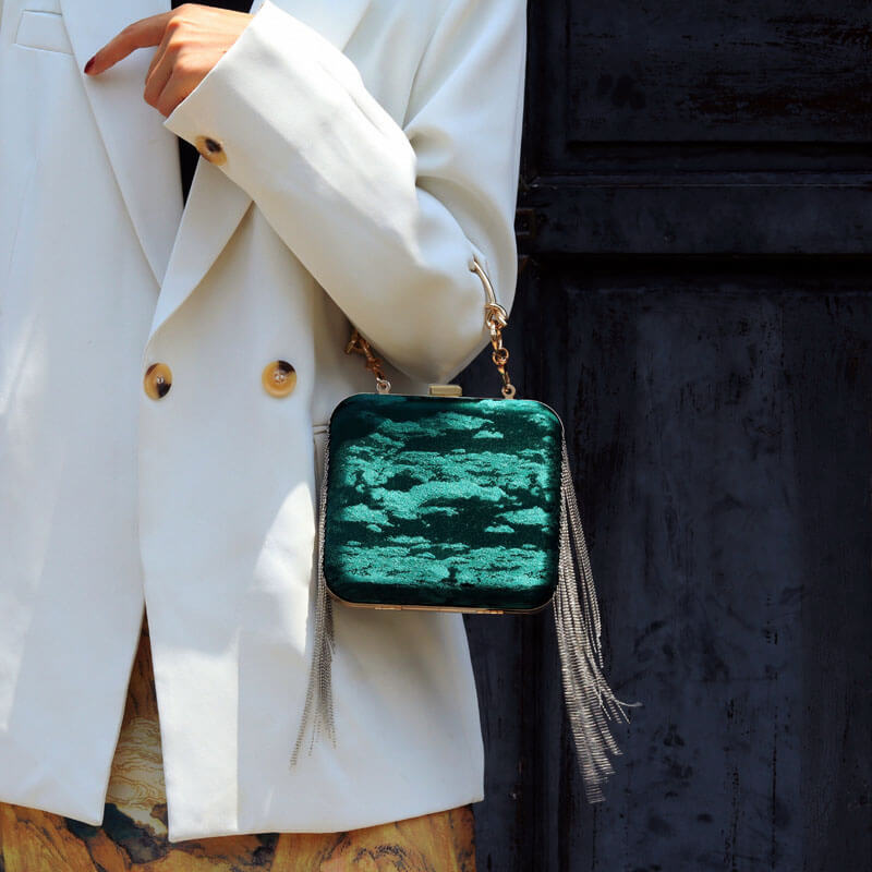 Designer Bag Golden Tone Cloud Mini Satin Box Clutch-Dark Green - - Luxury bags by WAAMII