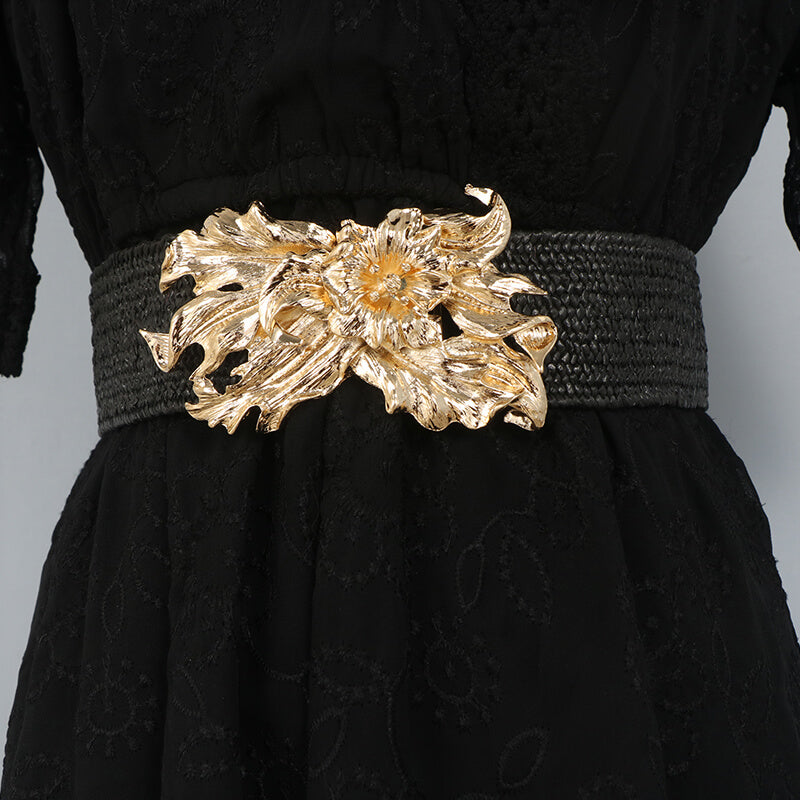 Wide Elastic Women's Belt with Gold Floral Buckle for Dresses-WG112