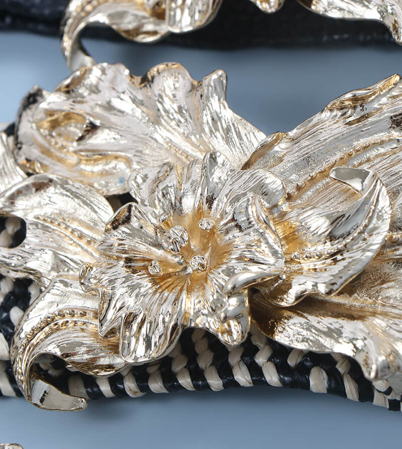 Wide Elastic Women's Belt with Gold Floral Buckle for Dresses-WG112
