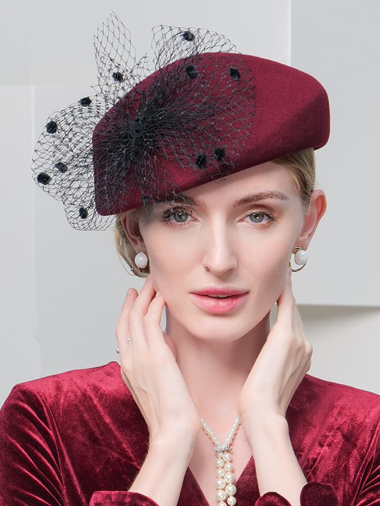100% Wool Floral Beret Hat With Veil Women's Fascinators Hat - Wine - Luxury Accessories by WAAMII
