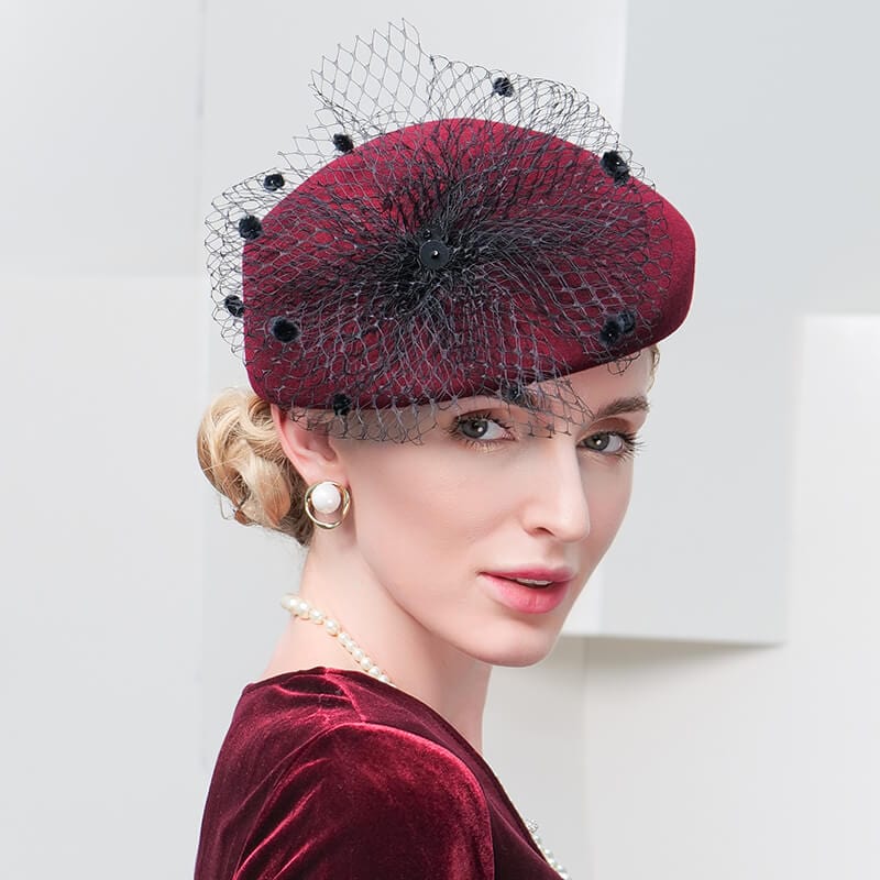 100% Wool Floral Beret Hat With Veil Women's Fascinators Hat - - Luxury Accessories by WAAMII