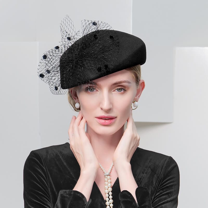 100% Wool Floral Beret Hat With Veil Women's Fascinators Hat - Black - Luxury Accessories by WAAMII
