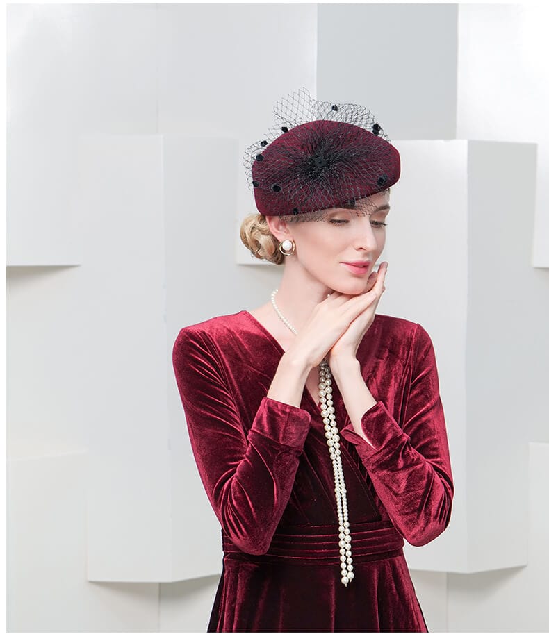 100% Wool Floral Beret Hat With Veil Women's Fascinators Hat - - Luxury Accessories by WAAMII