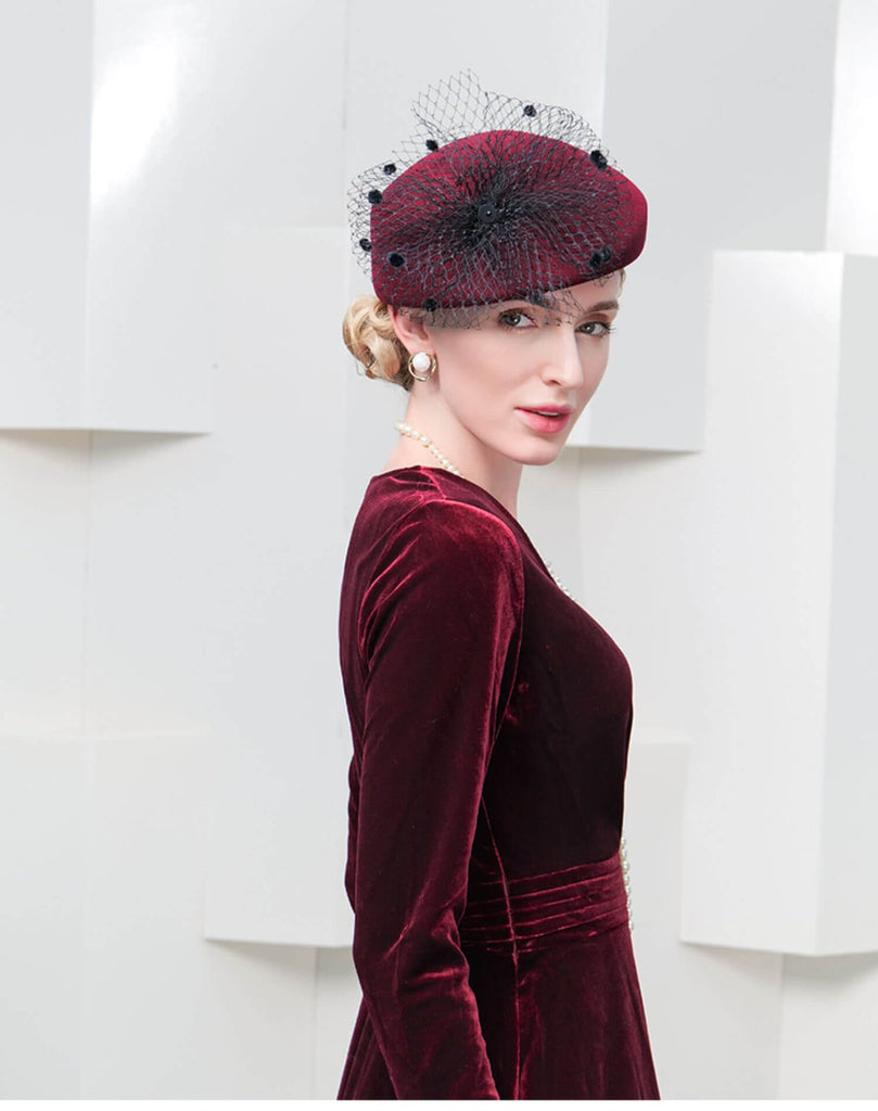 100% Wool Floral Beret Hat With Veil Women's Fascinators Hat - - Luxury Accessories by WAAMII