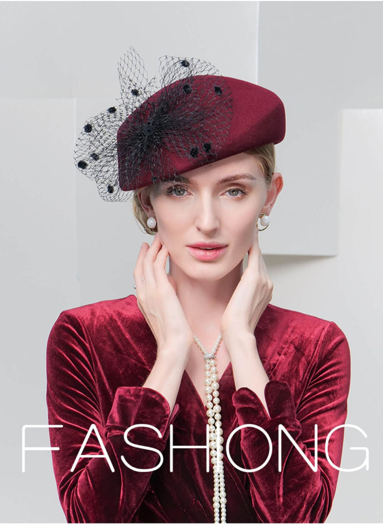100% Wool Floral Beret Hat With Veil Women's Fascinators Hat - - Luxury Accessories by WAAMII