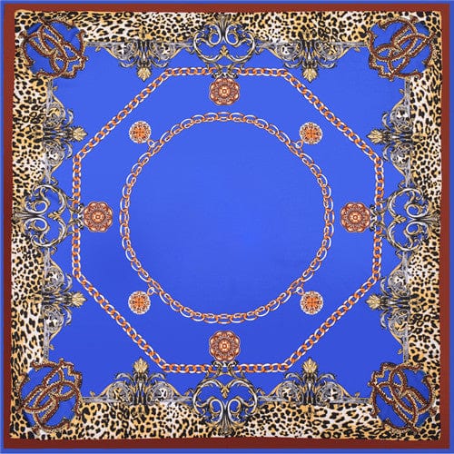 130*130CM 100% Twill Silk Large Square Scarf Leopard Chain Print Head Scarves Wraps - Blue - Luxury Accessories by WAAMII