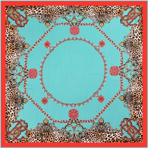 130*130CM 100% Twill Silk Large Square Scarf Leopard Chain Print Head Scarves Wraps - Sky Blue - Luxury Accessories by WAAMII