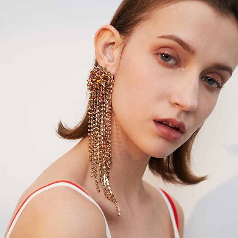 1PC of Crystal Gold-tone Waterfall Clip-on Long Earrings - - Luxury Jewelry by WAAMII