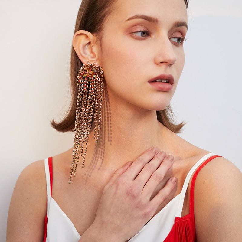 1PC of Crystal Gold-tone Waterfall Clip-on Long Earrings - - Luxury Jewelry by WAAMII