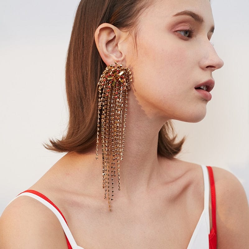1PC of Crystal Gold-tone Waterfall Clip-on Long Earrings - - Luxury Jewelry by WAAMII