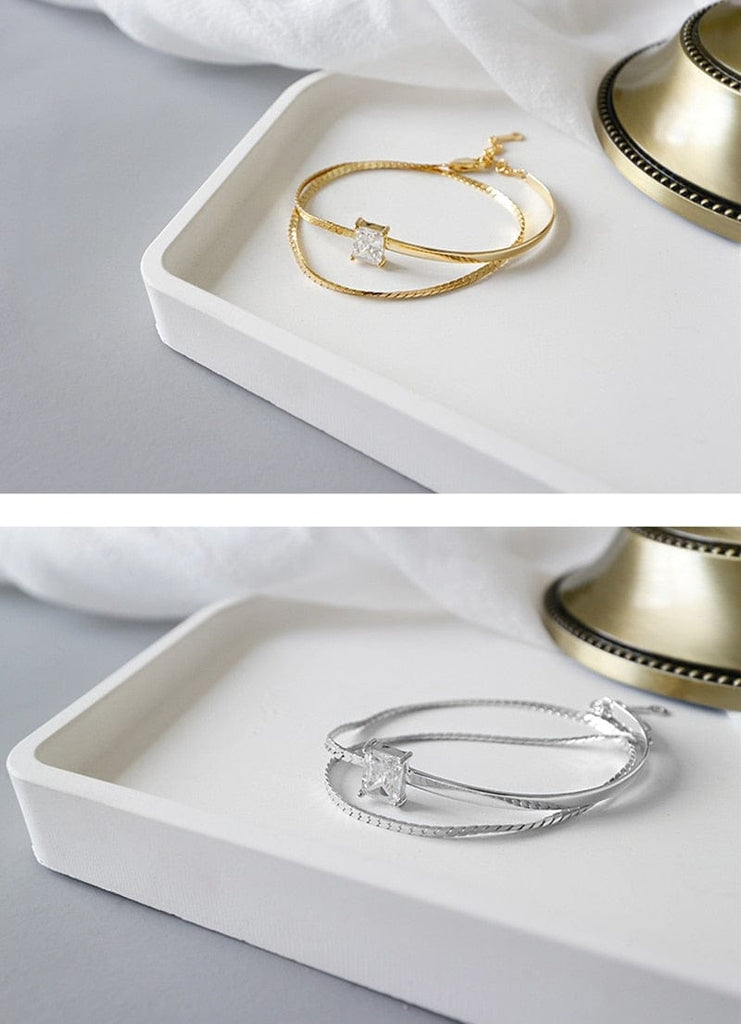 2 Layer Zirconia Dainty Bracelets set in 925 Sterling Silver Jewelry WAAMII   