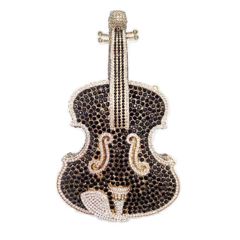 3D Sparkling Violin Shape Crystal Rhinestone Clutch bags WAAMII Black Gold  