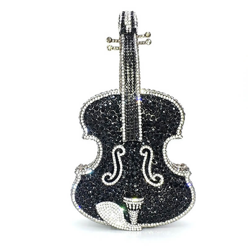 3D Sparkling Violin Shape Crystal Rhinestone Clutch - Black Silver - Luxury bags by WAAMII